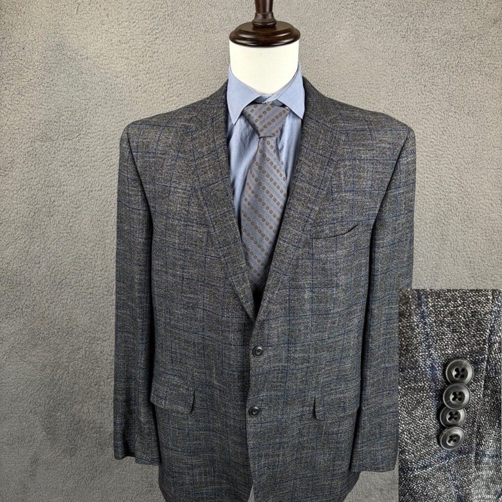 Jack Victor Blazer Mens 44L Gray Blue‎ Windowpane Wool Sport Coat Jacket